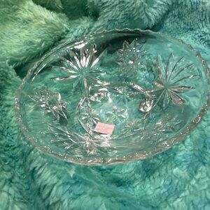 Vintage Cut Glass Footed Candy Dish – Starburst Pattern – 7” Oval Serving Bowl